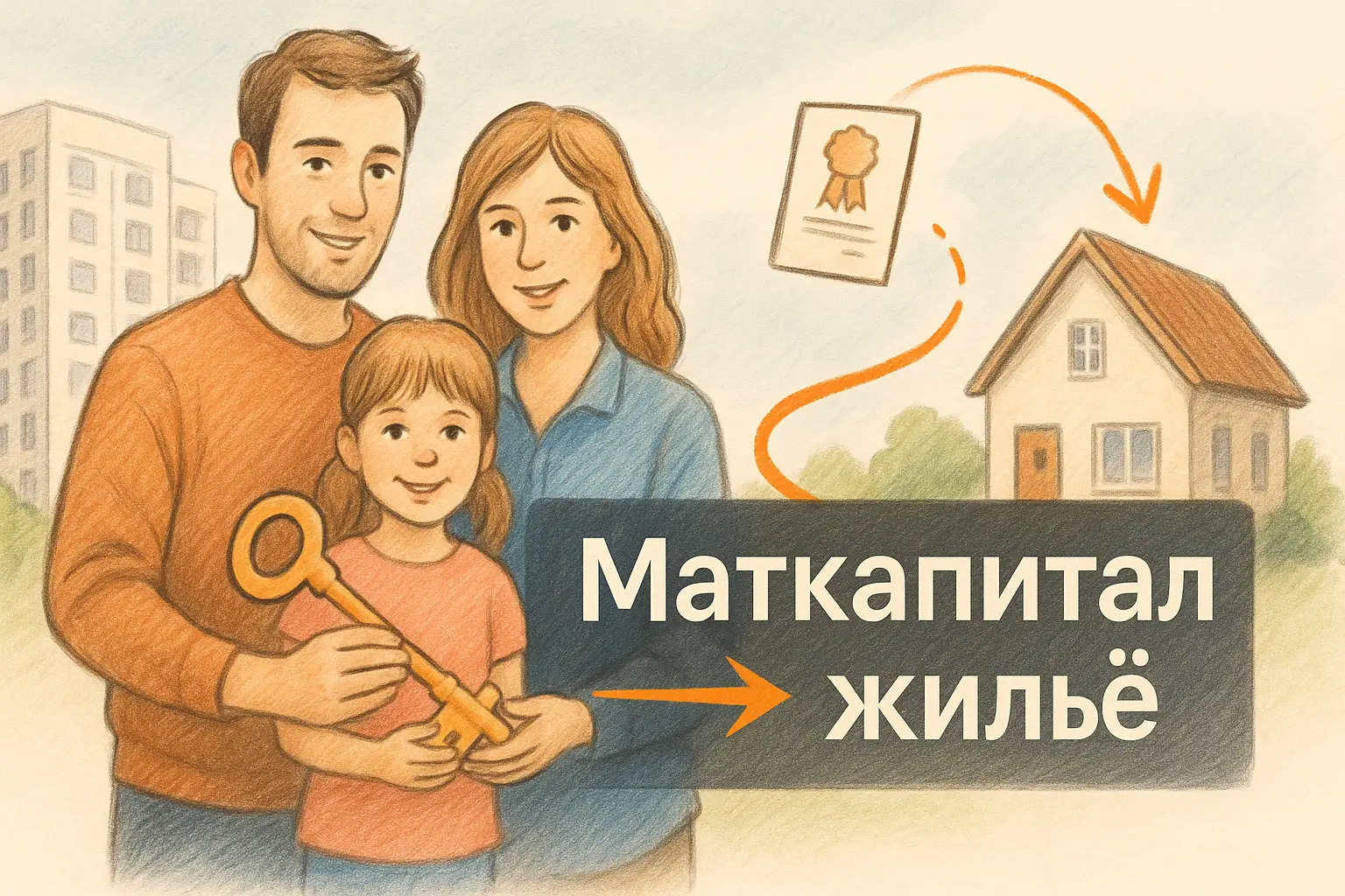 Семья с ключами на фоне дома и многоэтажки — Маткапитал и лучшее жилье