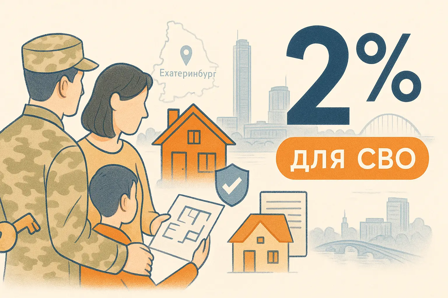 Ипотека 2% для СВО: карта Свердловской области, дом и знак 2%