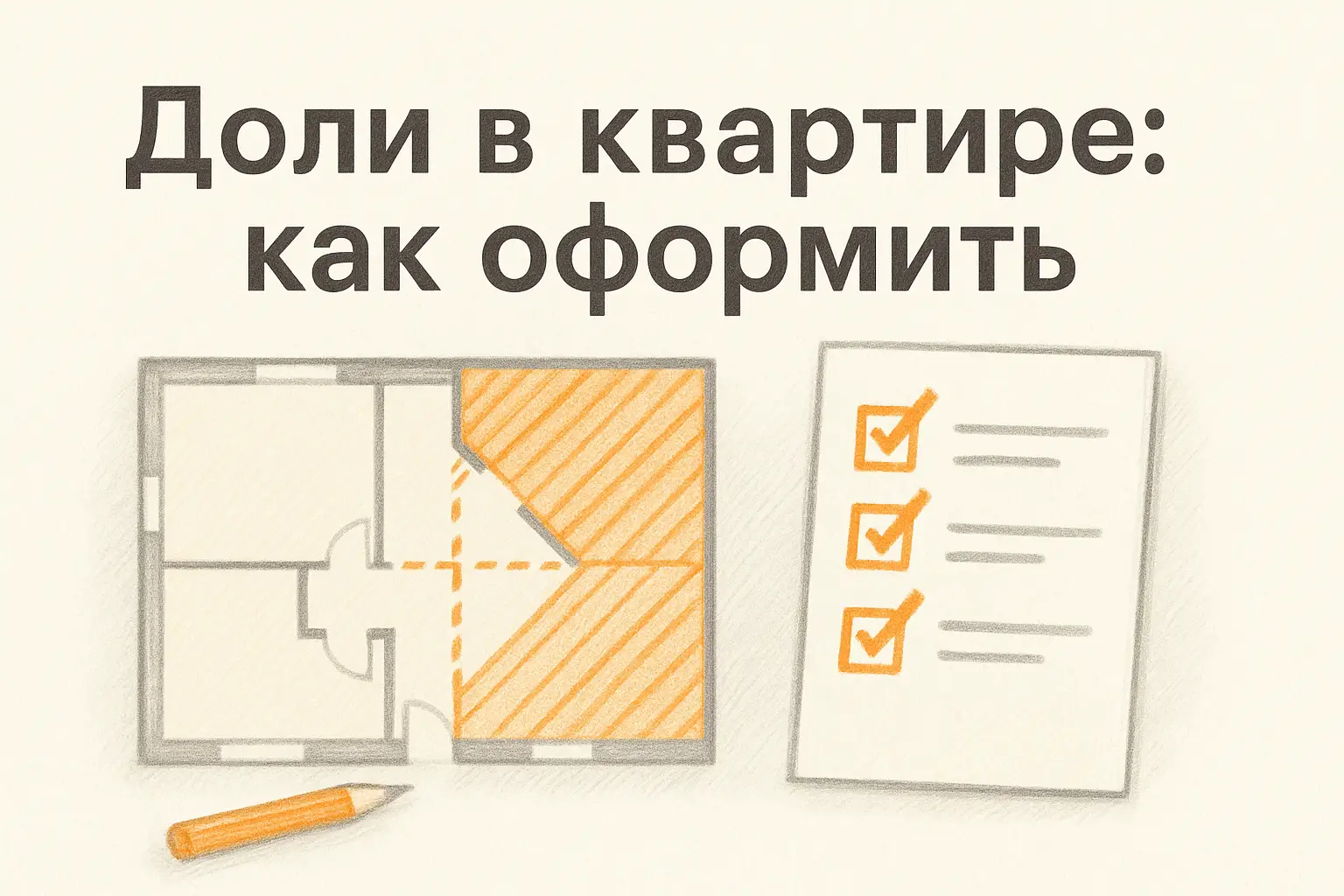 План квартиры с выделенными долями, чек-лист и оранжевый акцент — обложка статьи о долях в квартире
