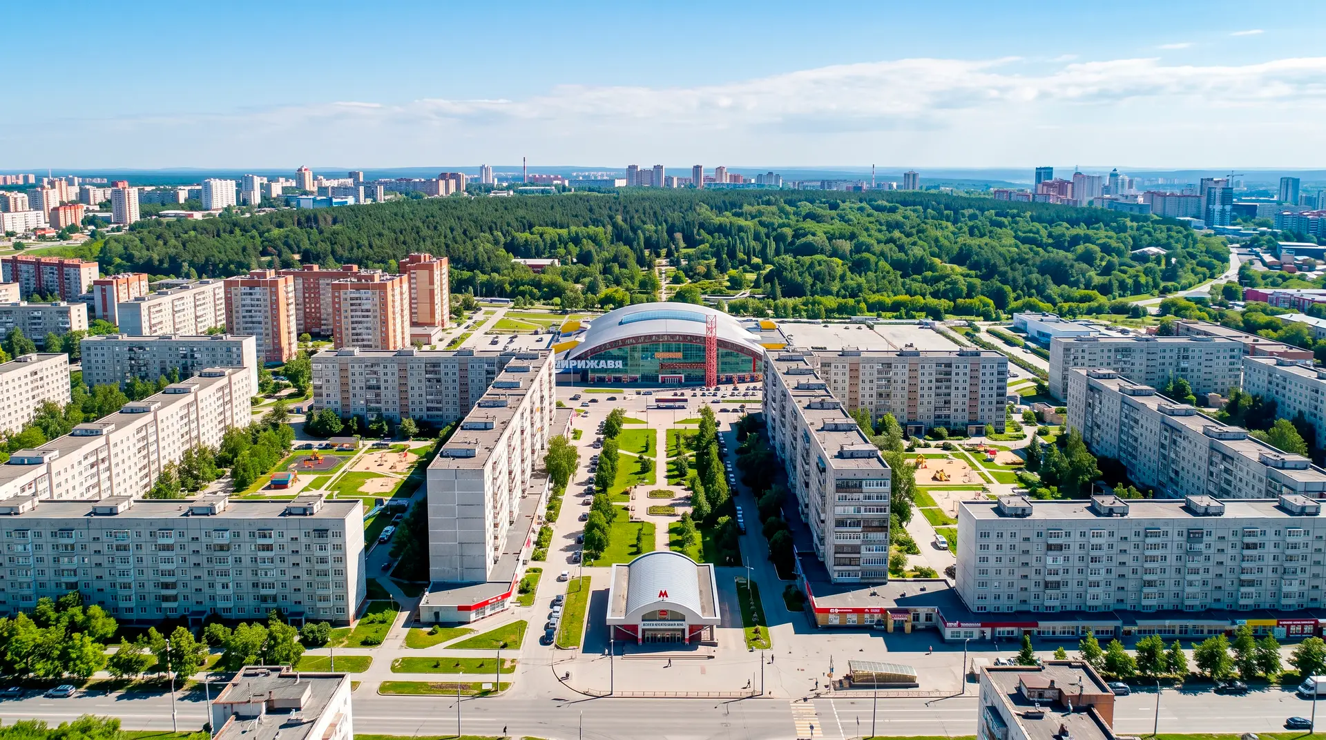 Панорама Ботанического района — современный спальный микрорайон с высотными домами, станцией метро и ТЦ «Дирижабль»