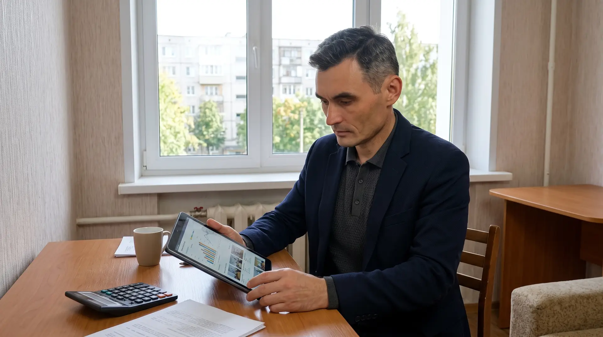 Риэлтор Николай Лапин анализирует финансовые графики и бюджет на покупку квартиры в современном интерьере Екатеринбурга