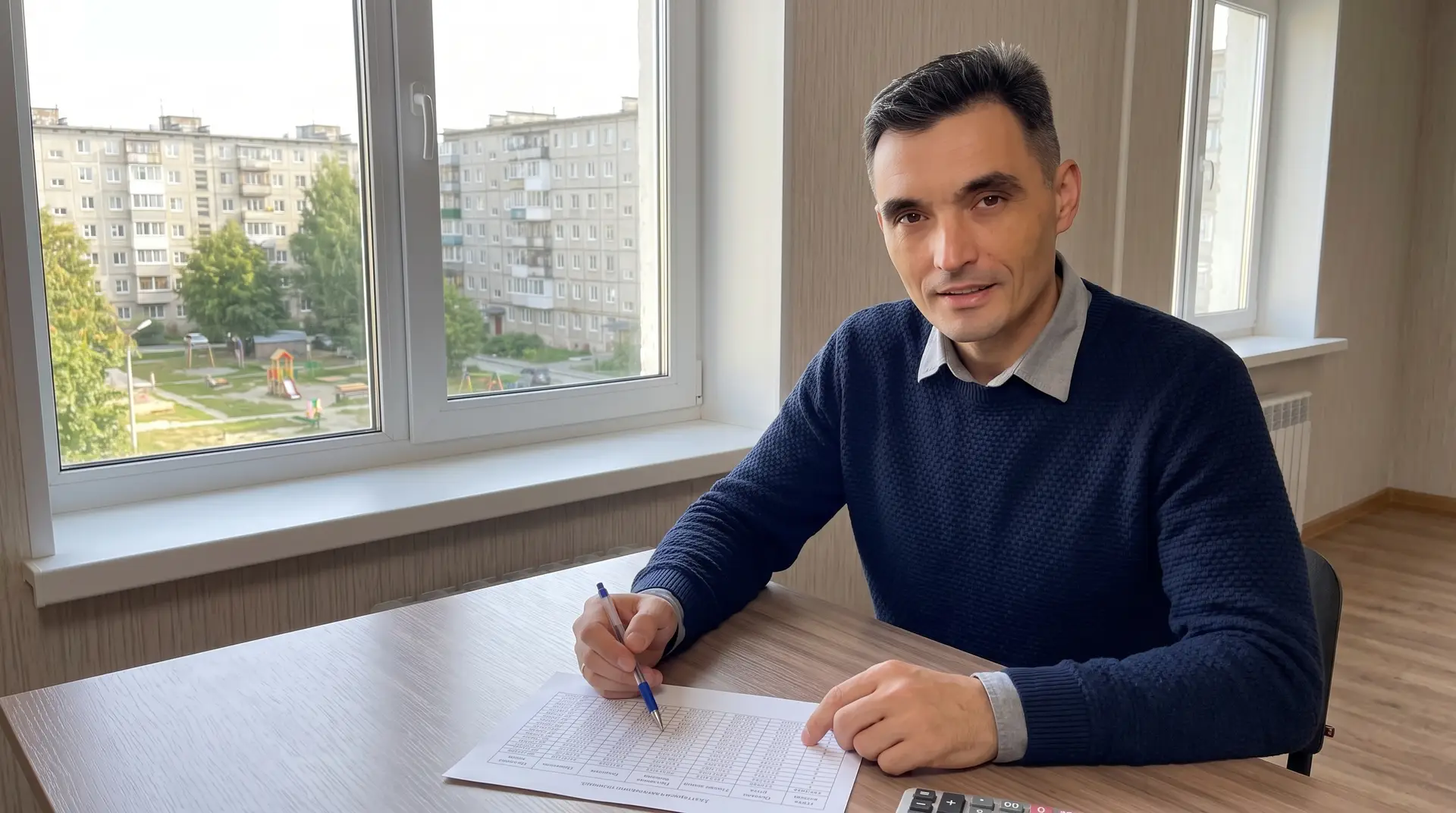 Эксперт по недвижимости Николай Лапин анализирует ипотечные ставки и графики платежей за столом в квартире
